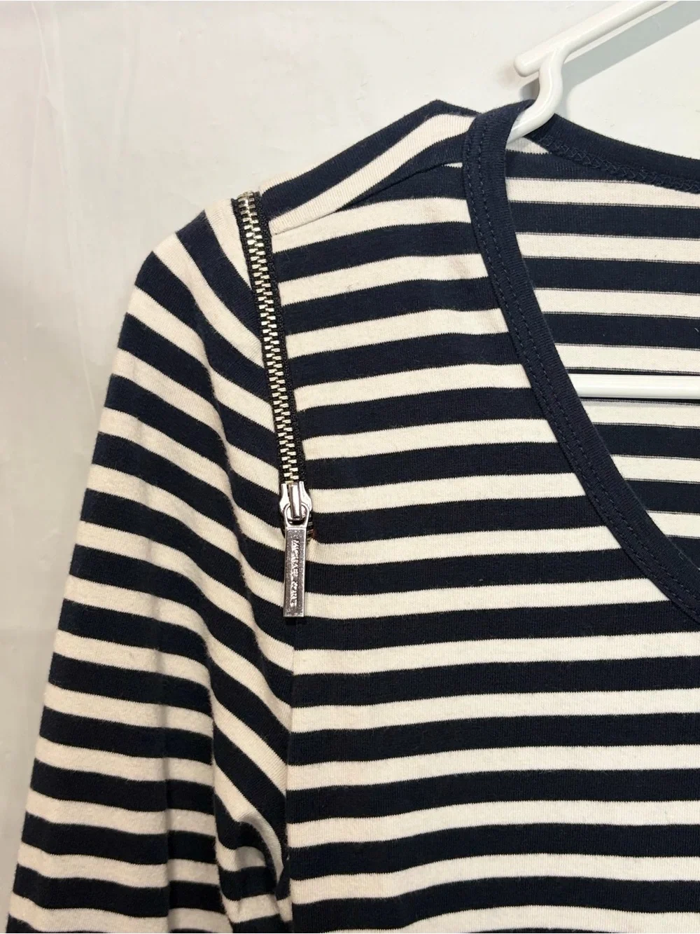 Michael Kors Navy and White Striped Long Sleeve Scoop Neck Top